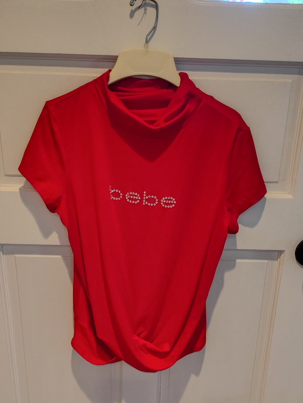 bebe Red Short Sleeve Rhinestone Logo Top XL